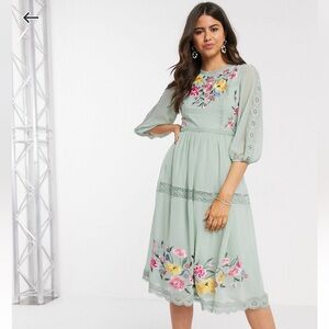 ASOS embroidered floral sage green dress